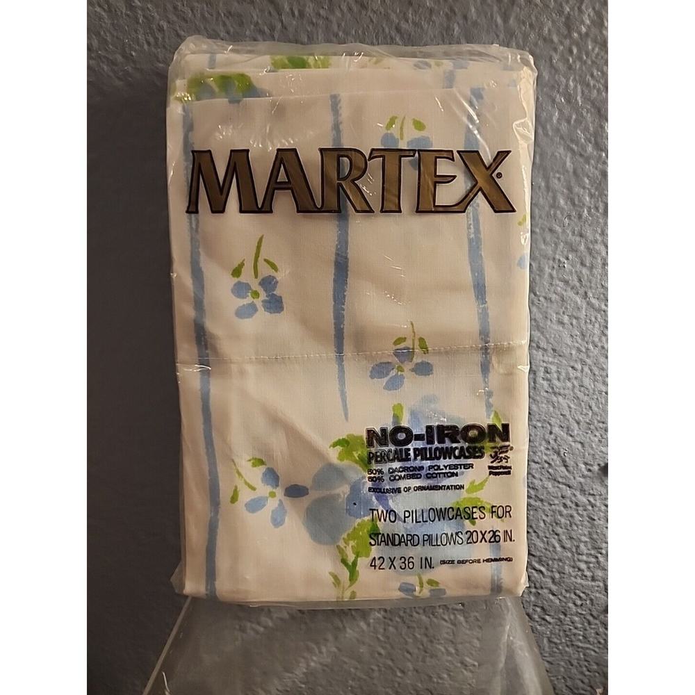 2 Vtg NOS Standard Martex Blue Floral‎ Pillowcases